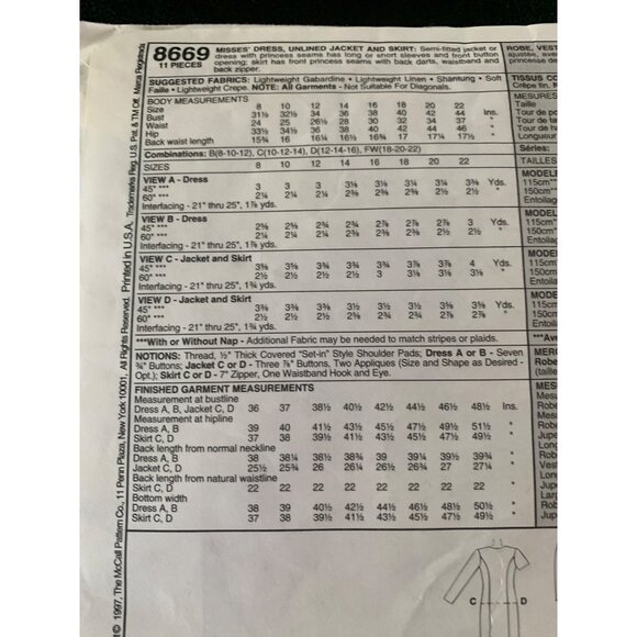 McCall's Misses Dress Coat Skirt Sewing Pattern Sz  8 - 12 8669 - Uncut - Picture 7 of 10